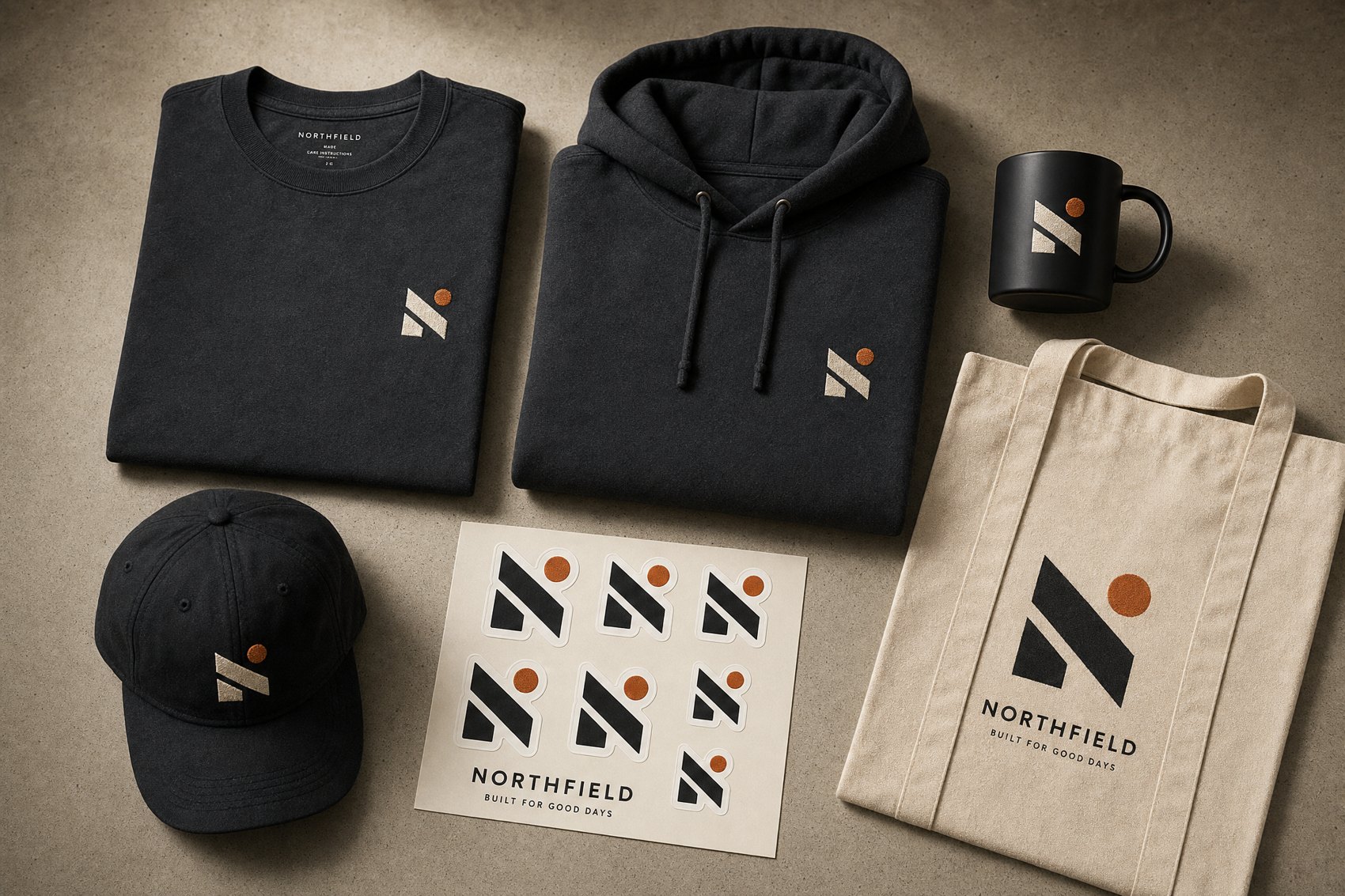 Branded merch: tee, hoodie, mug, cap, stickers, tote